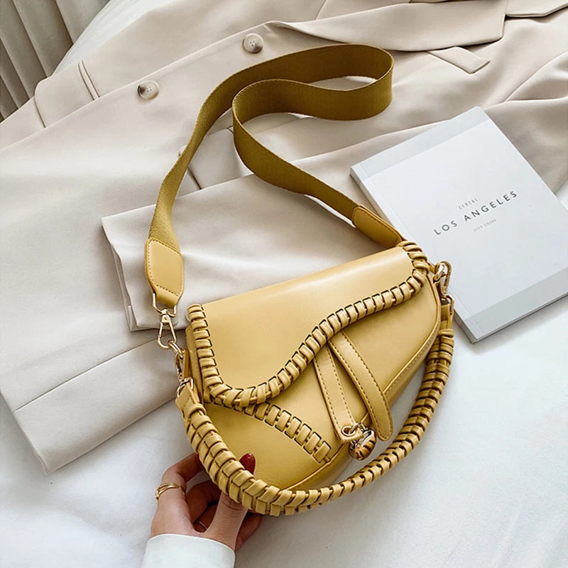 Women Saddle Shoulder Bag PU Material Hasp Zipper Lock Ornament Bag
