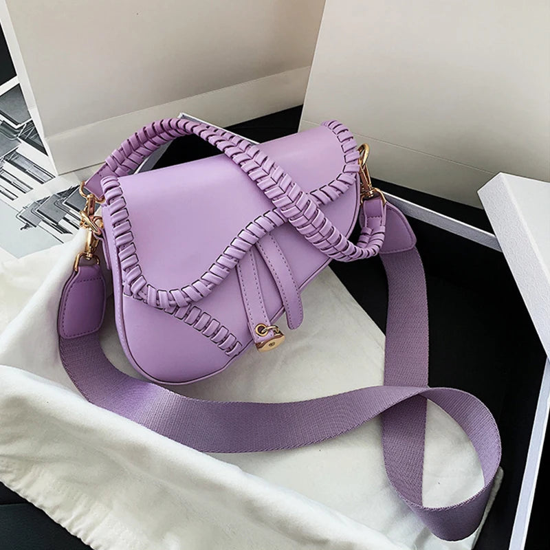 Women Saddle Shoulder Bag PU Material Hasp Zipper Lock Ornament Bag