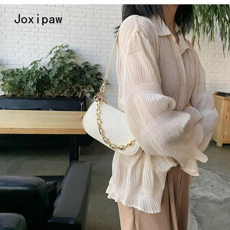 Vintage Solid Chain Handbag Female Casual PU Leather Shoulder Bag