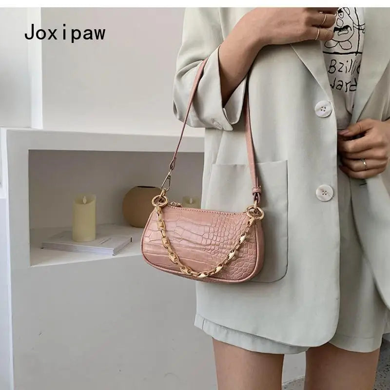 Vintage Solid Chain Handbag Female Casual PU Leather Shoulder Bag