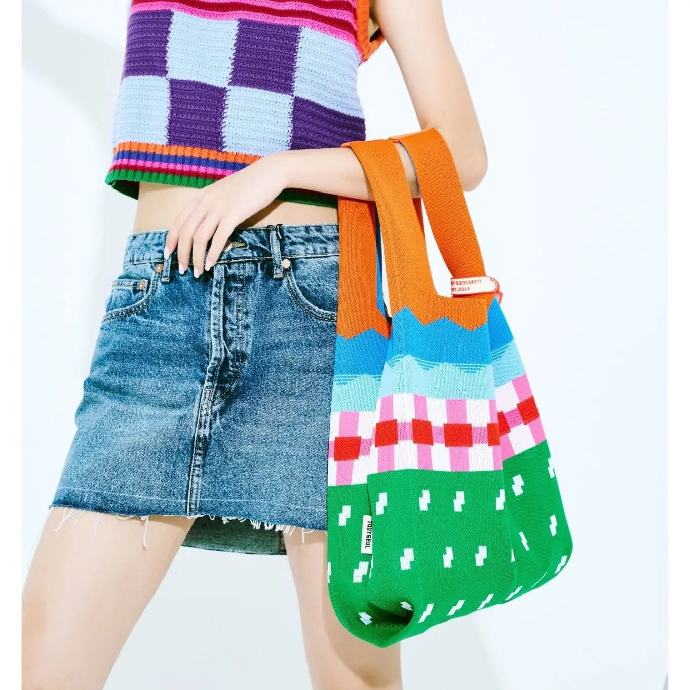 Rainbow Woolen Knitted Handbag for Women