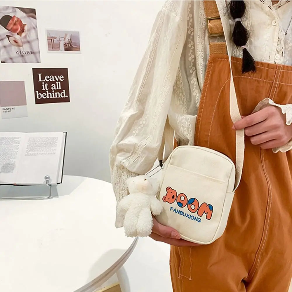 Harajuku Style Canvas Shoulder Bag Bear Pattern Casual Tote