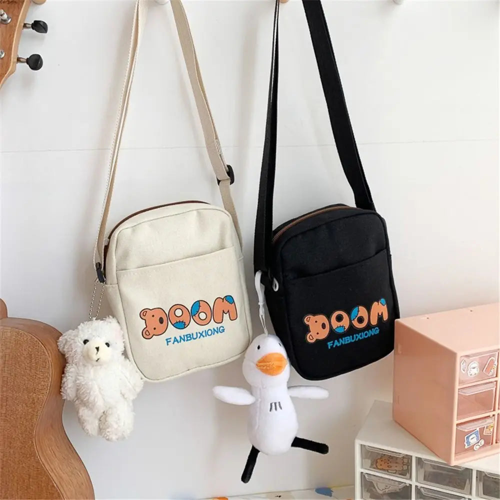Harajuku Style Canvas Shoulder Bag Bear Pattern Casual Tote