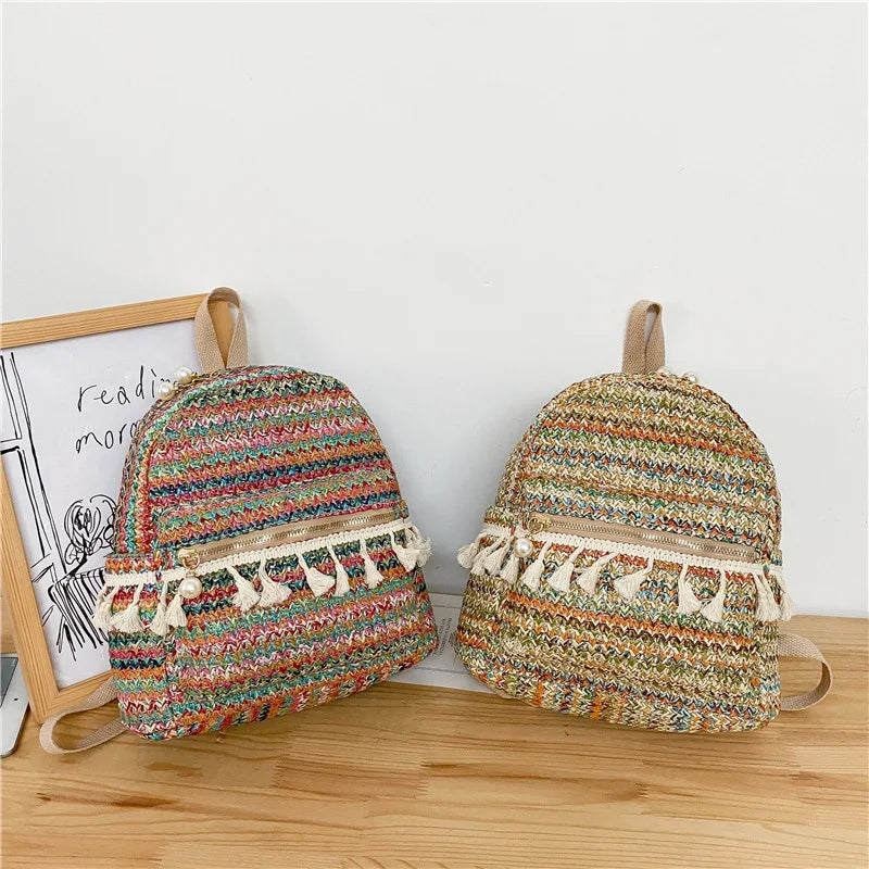 National Style Straw Tassel Small Backpack Casual Woven Bag