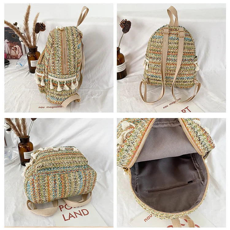 National Style Straw Tassel Small Backpack Casual Woven Bag