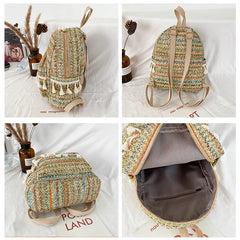 National Style Straw Tassel Small Backpack Casual Woven Bag