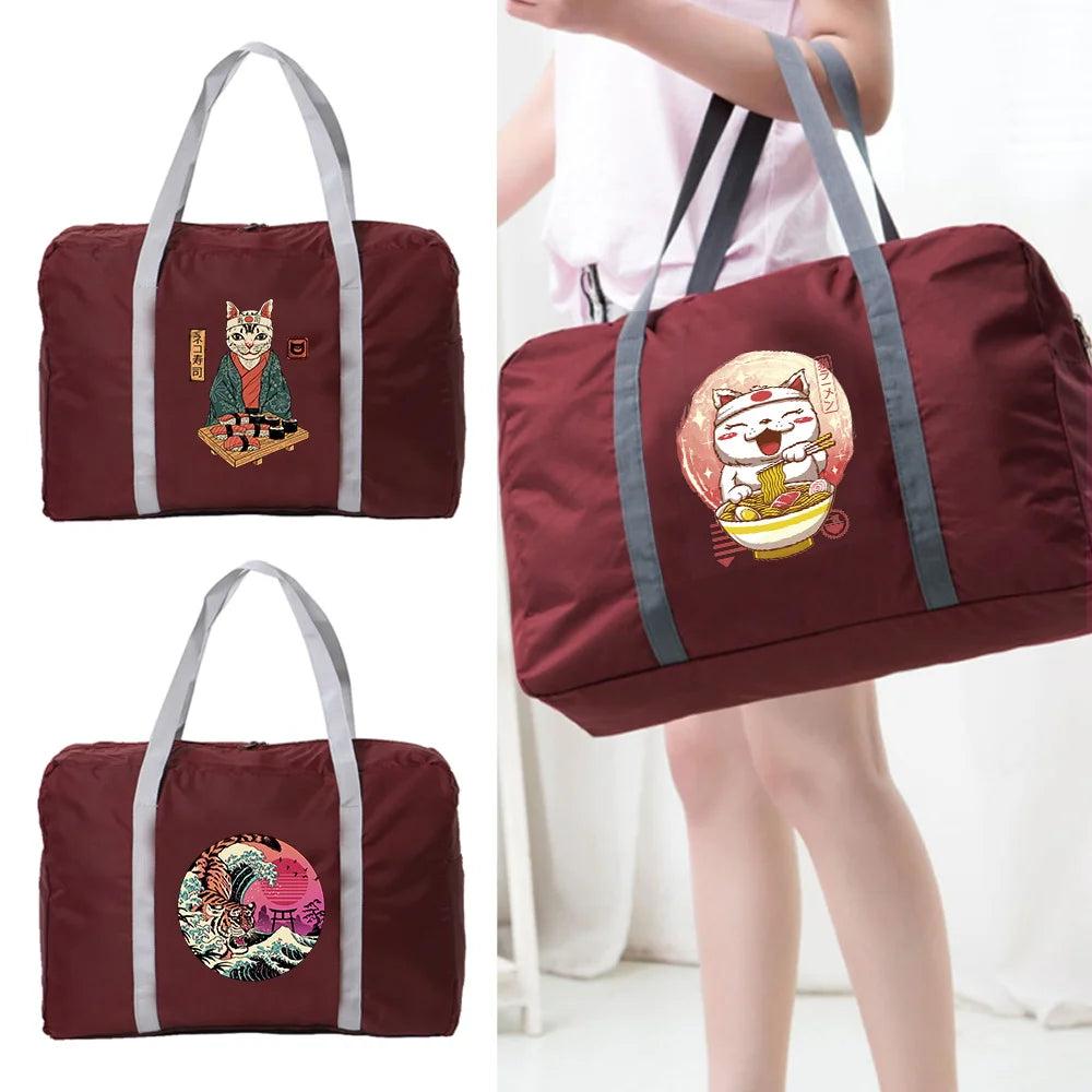 Nylon Foldable Travel Bags Large Capacity WaterProof Handbags Japan Cat Pattern