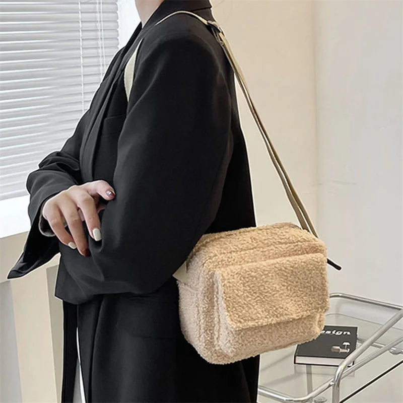 Plush Fabric Women's Shoulder Crossbody Bag Small Lambs Wool