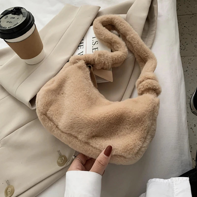 Soft Plush Women Shoulder Bag Faux Fur Small Underarm Clutch