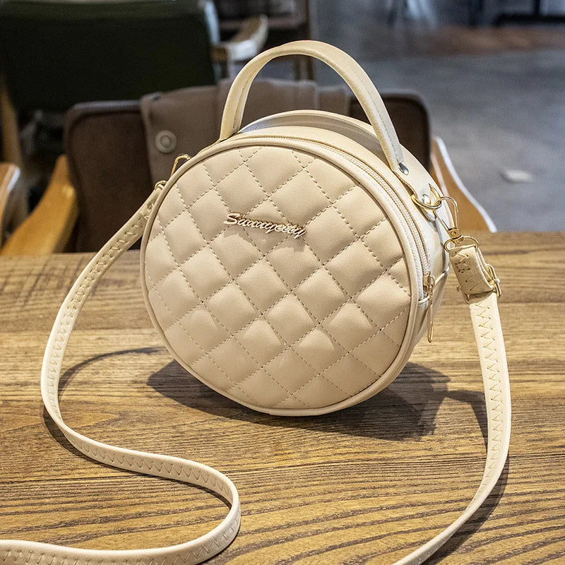 Rhombic Lattice Mini Round Bag with Hard Handle