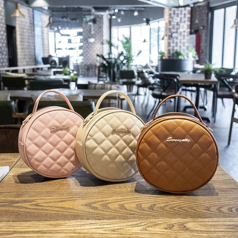 Rhombic Lattice Mini Round Bag with Hard Handle