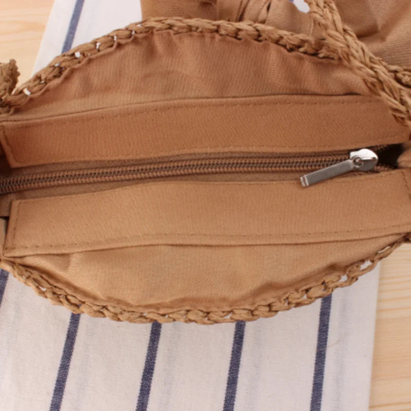 Summer Round Straw Bag Beach Wind Bow Crossbody Woven Bag Crochet Female Bag