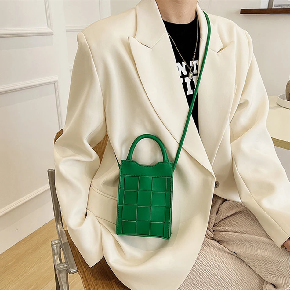 Women's Weave Cellphone Bag Mini Crossbody Purse Solid Color Handbag