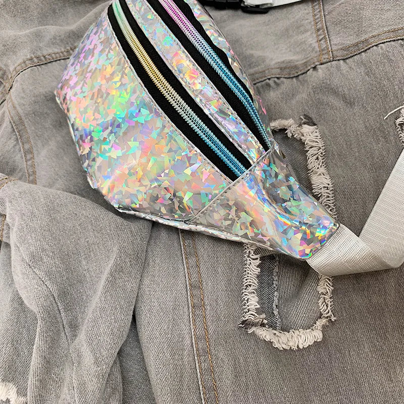 Waist Pack for Women Hologram Laser PU Travel Banana Hip Bum Bag