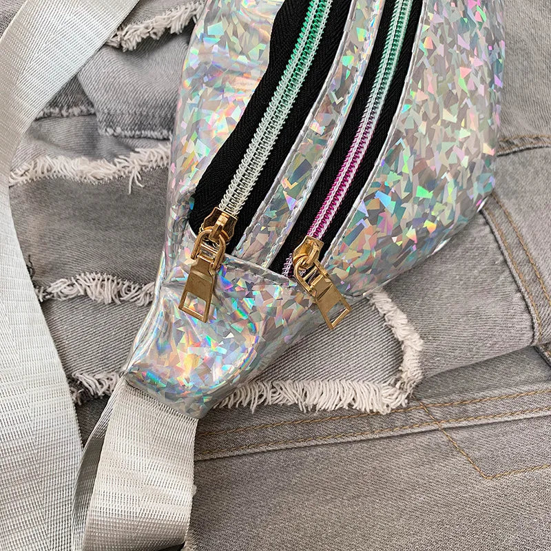 Waist Pack for Women Hologram Laser PU Travel Banana Hip Bum Bag