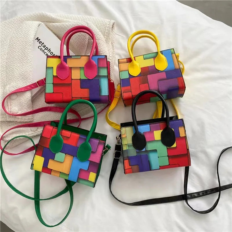 Women Mixed Block Square Bag Lady Casual Tote Shoulder Crossbody Bag