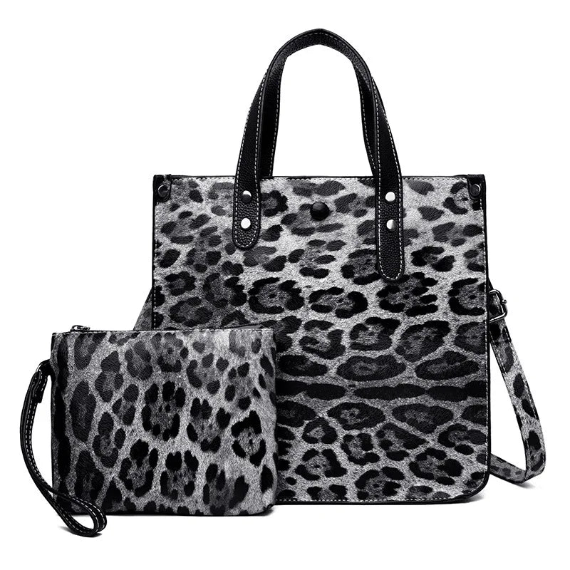 Leopard Leather Tote Bag Set Large Capacity Handbag