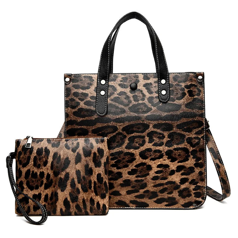 Leopard Leather Tote Bag Set Large Capacity Handbag