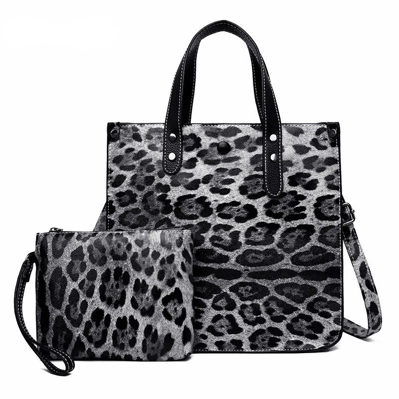 Leopard Leather Tote Bag Set Large Capacity Handbag