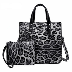 Leopard Leather Tote Bag Set Large Capacity Handbag