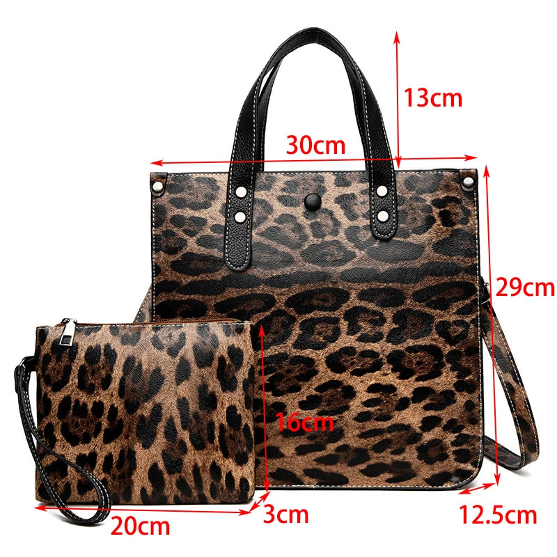 Leopard Leather Tote Bag Set Large Capacity Handbag