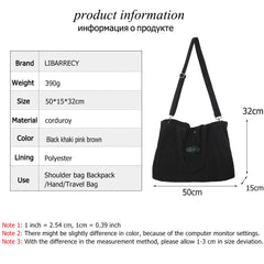 Corduroy Shoulder Bag for Women Zipper Handbag Large Capacity Tote