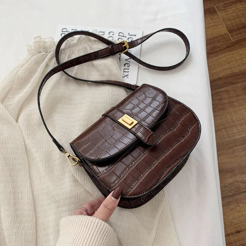 Women's PU Leather Saddle Bag Retro Western Shoulder Crocodile Crossbody