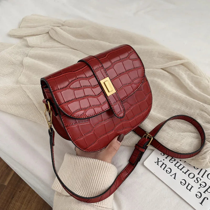 Women's PU Leather Saddle Bag Retro Western Shoulder Crocodile Crossbody