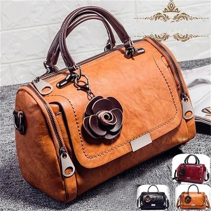 Flowers Pendant Handbag Women's Boston Bag Single Shoulder Bag