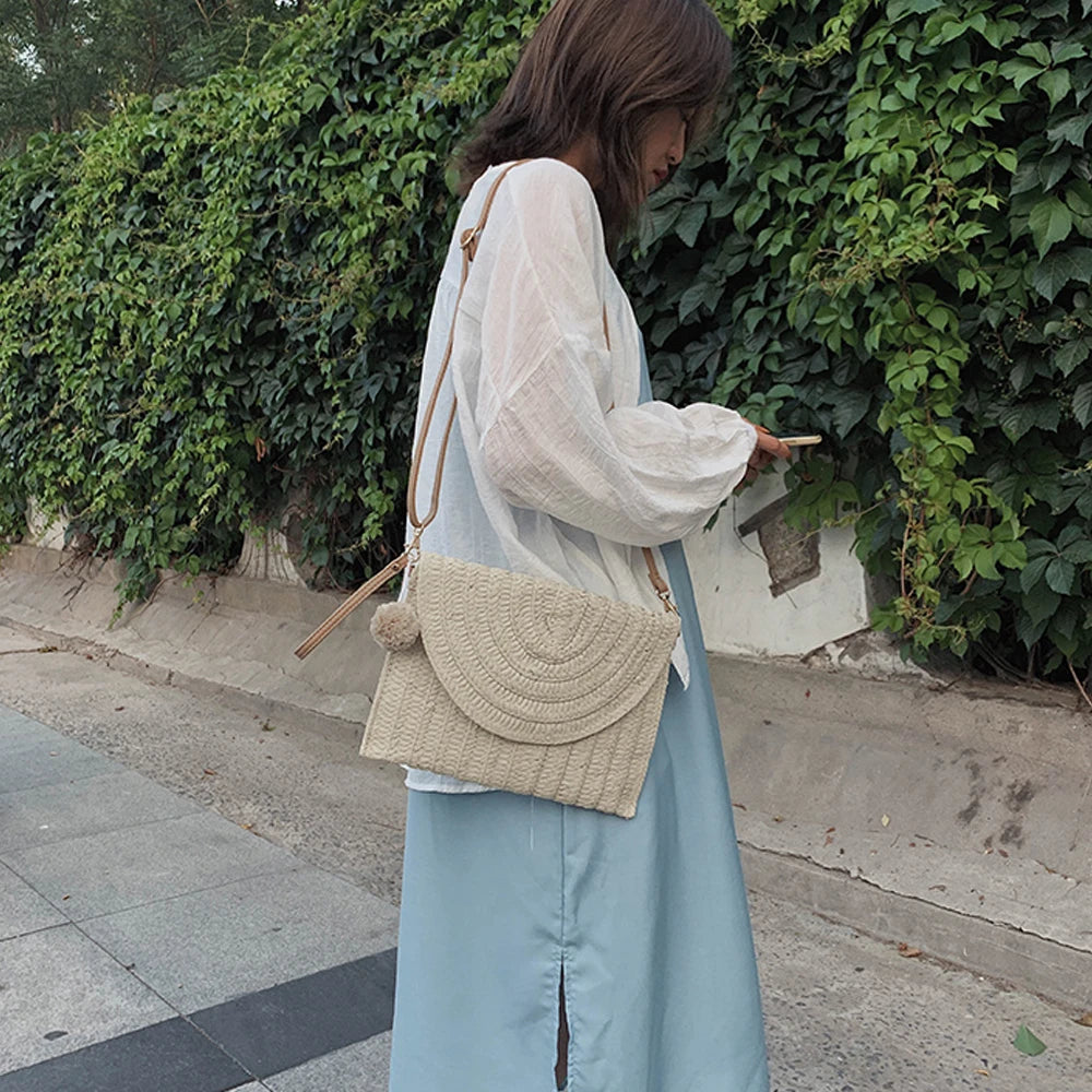 Envelop Crossbody Bag Straw Handbag Large Capacity Retro Classic Shoulder Pack