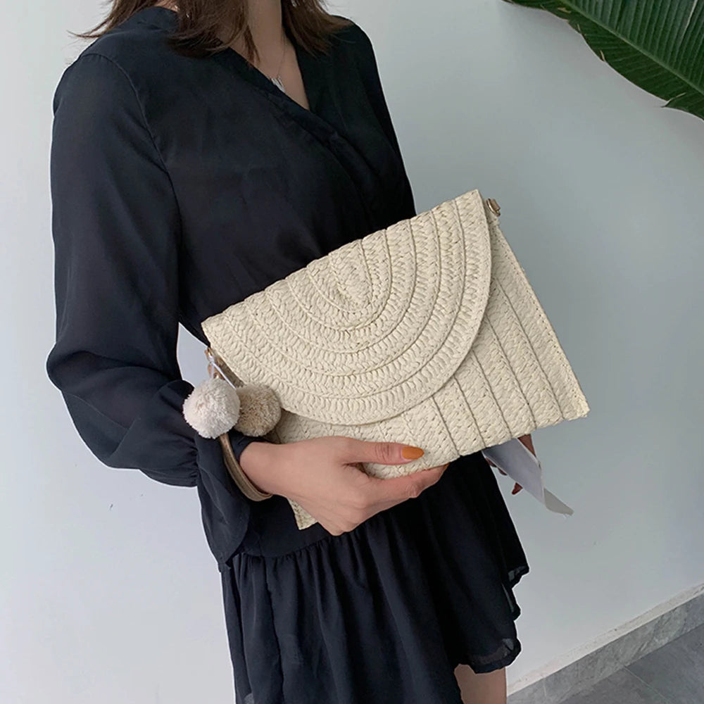Envelop Crossbody Bag Straw Handbag Large Capacity Retro Classic Shoulder Pack