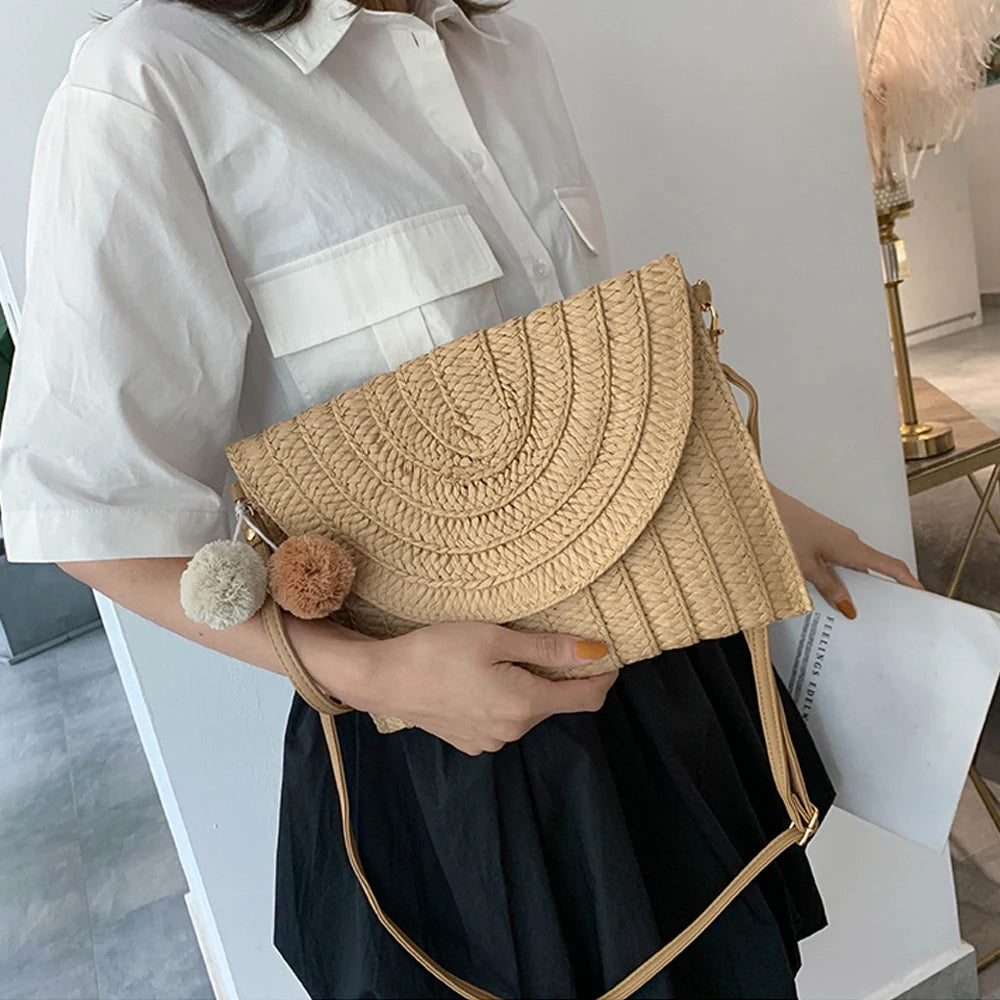 Envelop Crossbody Bag Straw Handbag Large Capacity Retro Classic Shoulder Pack