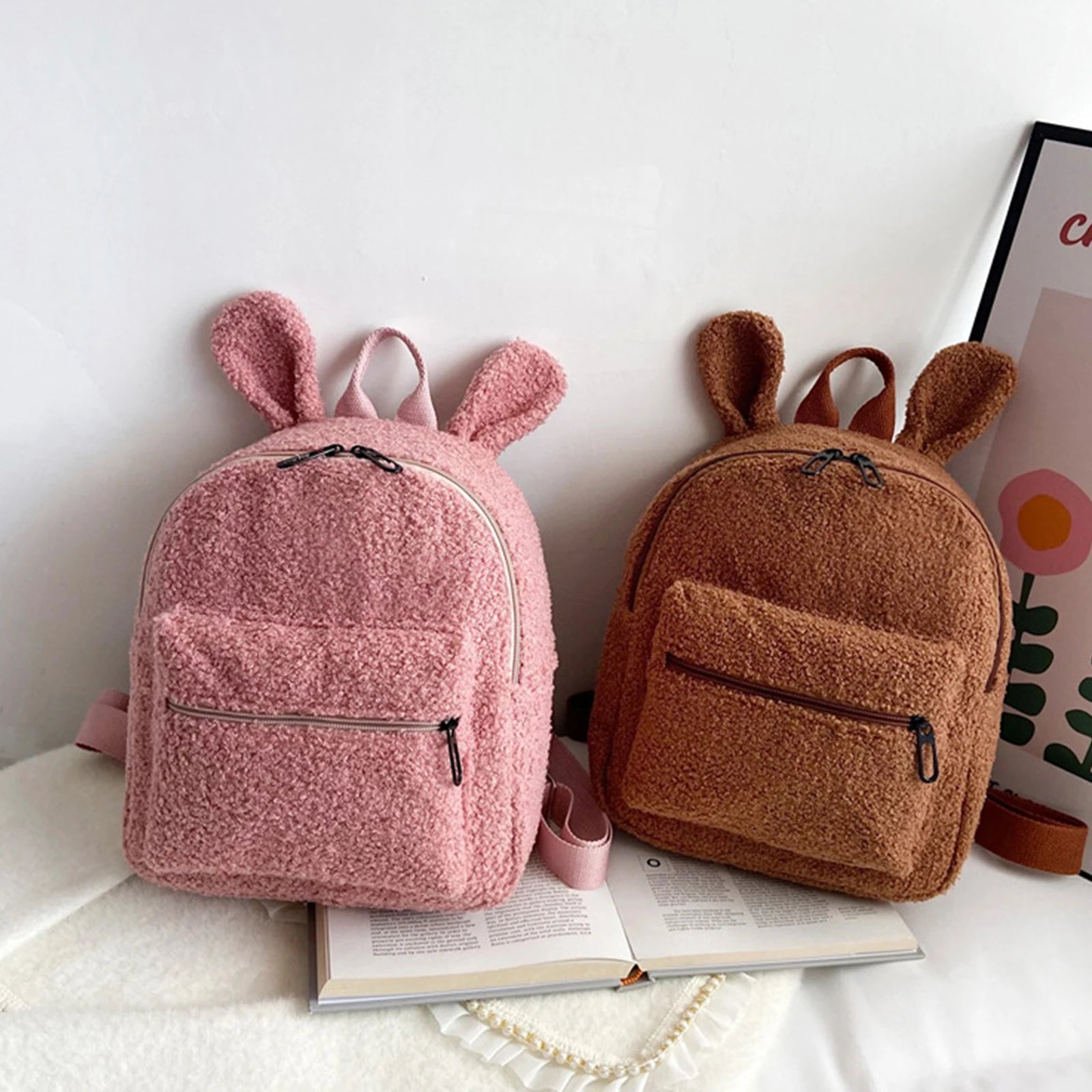 Fluffy Rabbit Backpack Plush School Bag with Bunny Ears for Girls