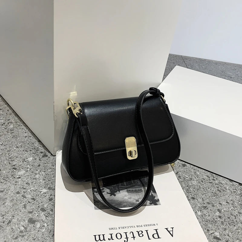 PU Leather Women Underarm Bag Retro Solid Ladies Baguette Handbags