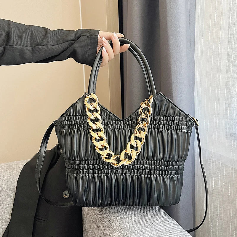Pleated Tote with Thick Chain Handle High-capacity Shoulder Bag
