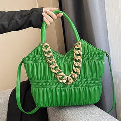 Pleated Tote with Thick Chain Handle High-capacity Shoulder Bag