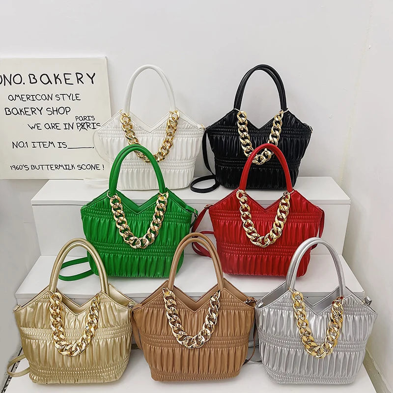 Pleated Tote with Thick Chain Handle High-capacity Shoulder Bag