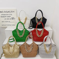 Pleated Tote with Thick Chain Handle High-capacity Shoulder Bag