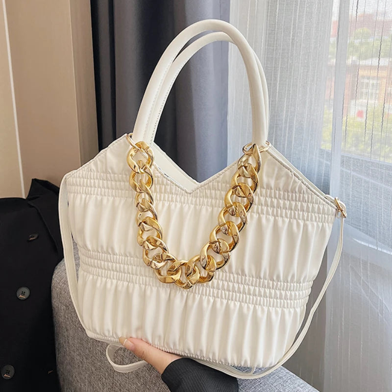 Pleated Tote with Thick Chain Handle High-capacity Shoulder Bag