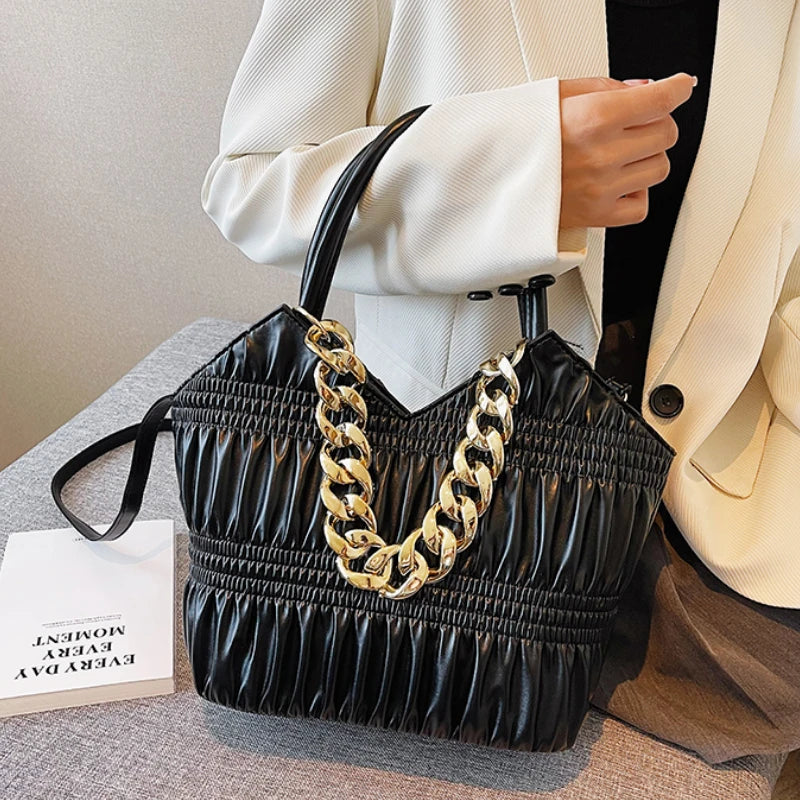 Pleated Tote with Thick Chain Handle High-capacity Shoulder Bag