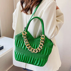 Pleated Tote with Thick Chain Handle High-capacity Shoulder Bag