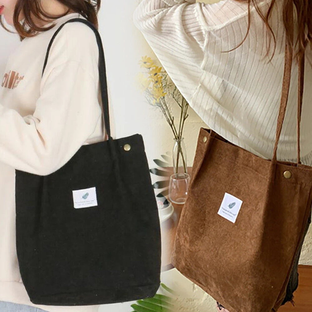 Retro Canvas Corduroy Tote Bag for Women Large-Capacity Shopper Shoulder Bag