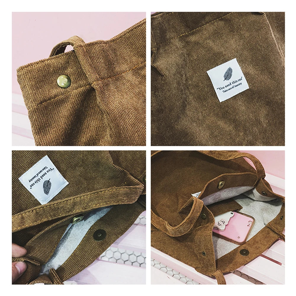 Retro Canvas Corduroy Tote Bag for Women Large-Capacity Shopper Shoulder Bag