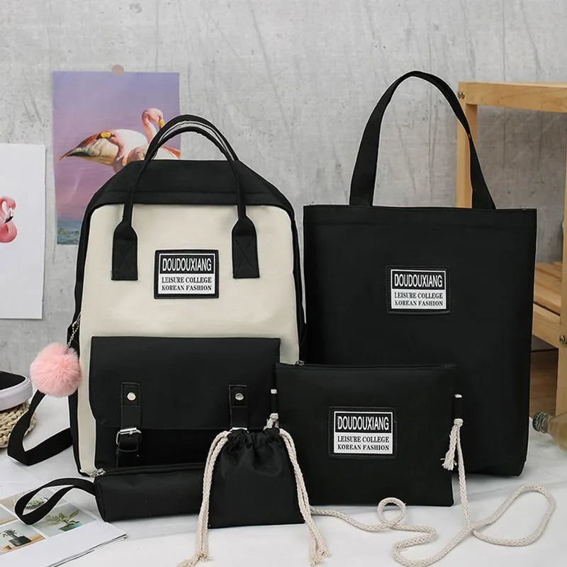 Canvas School Bags for Teenage Girls 5pcs Sets Backpack Women Totes
