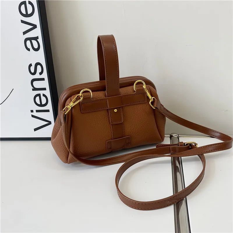 Spring Women's Clip Shoulder Bag Soft PU Leather Small Hand Bucket Bag