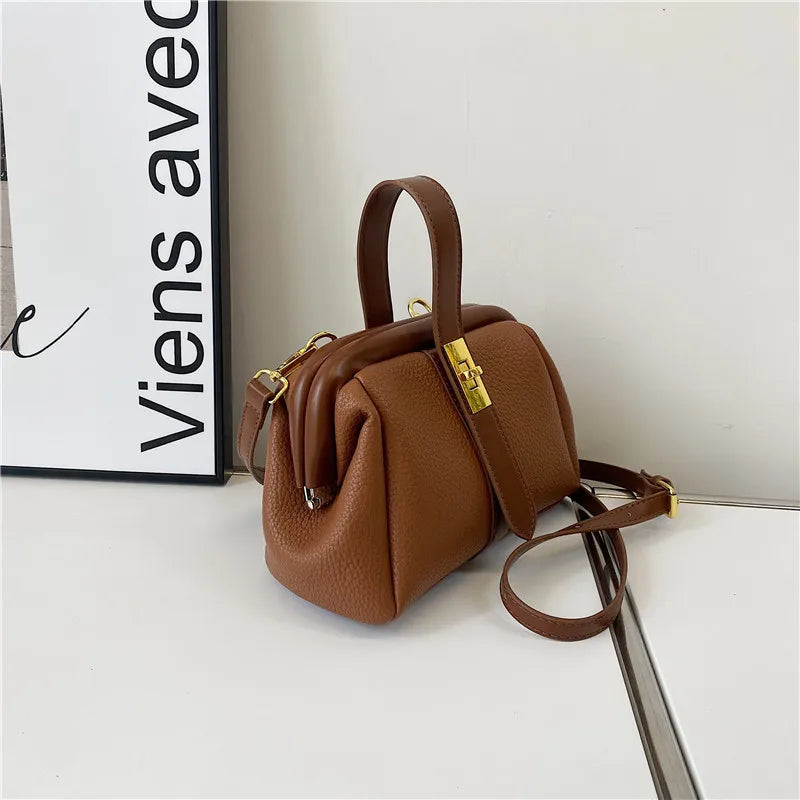 Spring Women's Clip Shoulder Bag Soft PU Leather Small Hand Bucket Bag