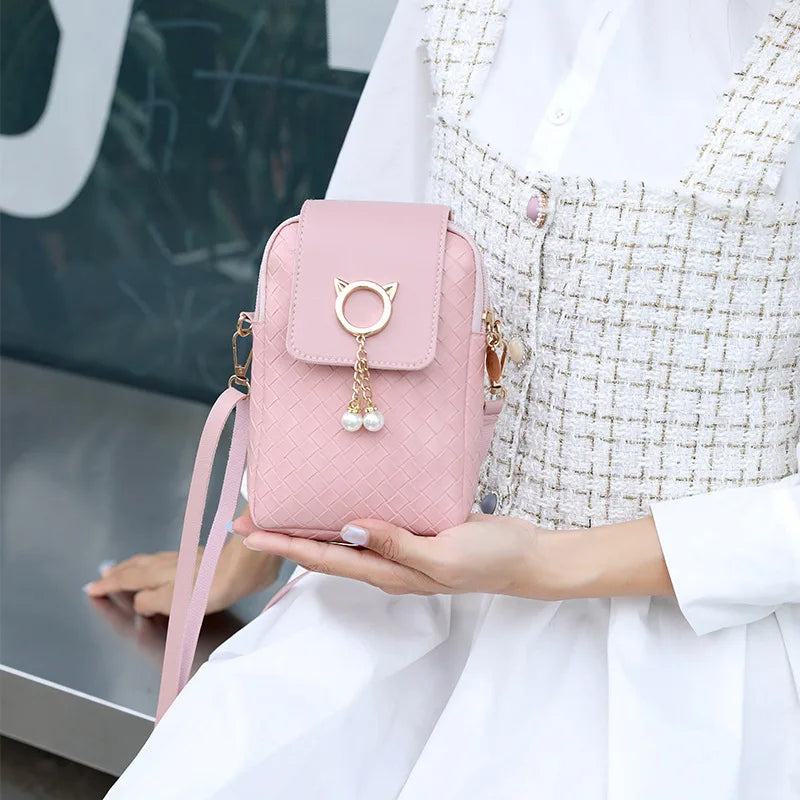 Mini Cross-body Phone Shoulder Bag Woven Pearl Tassel Cover-style Female Bag