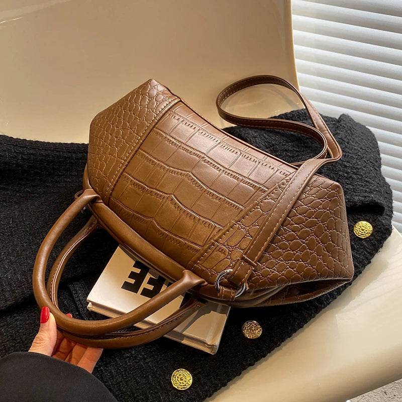 Stone Pattern Leather Handbag Lattice Shoulder Bag Clutch Purses for Women