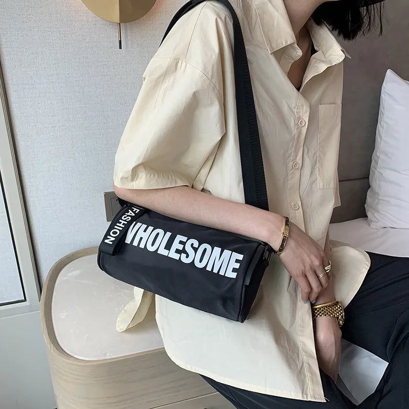 Summer Barrel Shape Shoulder Bag Women Nylon Letters Crossbody Bag