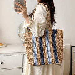 Summer Style Women Handbag Straw Weaving Striped Lady Shoulder Purse